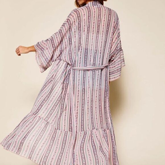 NEW! BOHO WOMEN'S 3/4 SLEEVE FLORAL SHIMMER DUSTER RUFFLED CARDIGAN MAXI - Picture 3 of 5